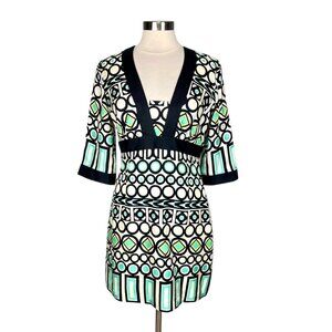 Milly New York Womens Silk Geometric Print Dress Ivory Black Aqua Blue size 10